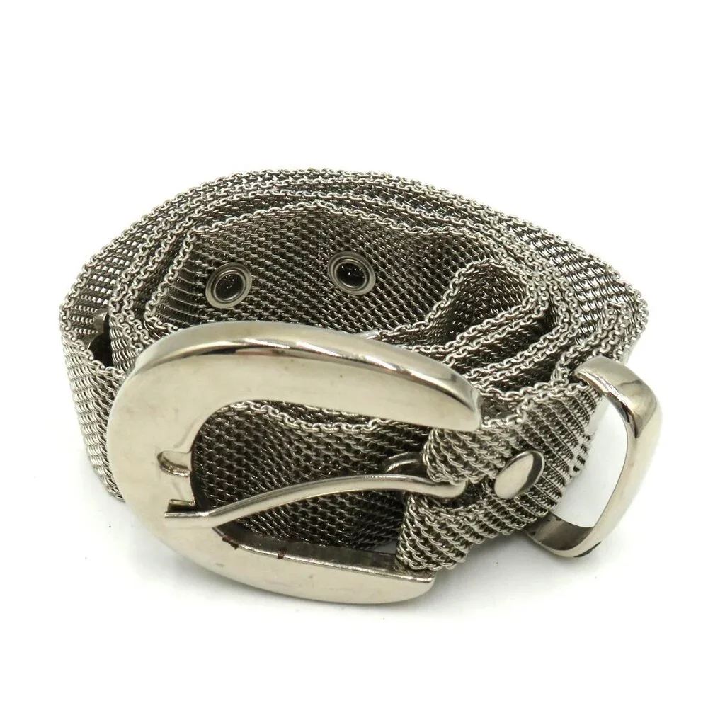 Silver Tone Mesh Belt Womens Size 33 Butterfly‎ Medallions Metallic Buckle